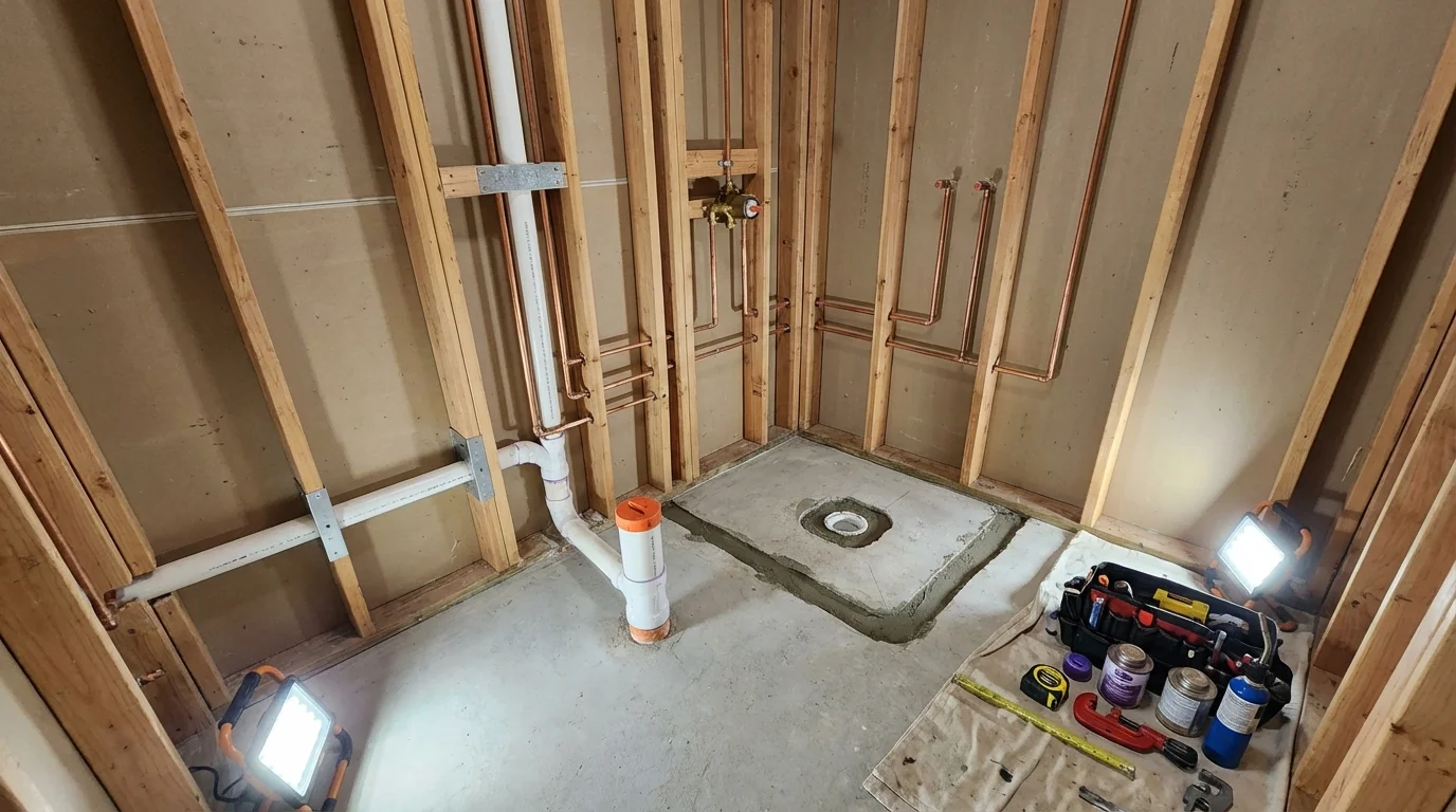 Bathroom rough-in plumbing during remodel by Johns Plumbing LLC in Inver Grove Heights