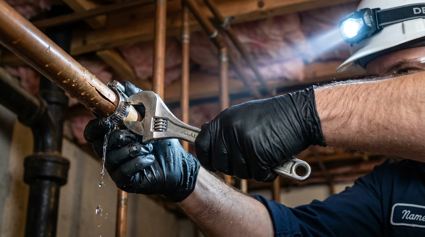 Emergency pipe clamp repair being performed by a Johns Plumbing LLC plumber in Inver Grove Heights