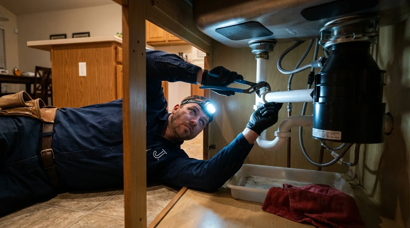 P-trap and supply line connections under a kitchen sink showing a common leak point in Inver Grove Heights, MN